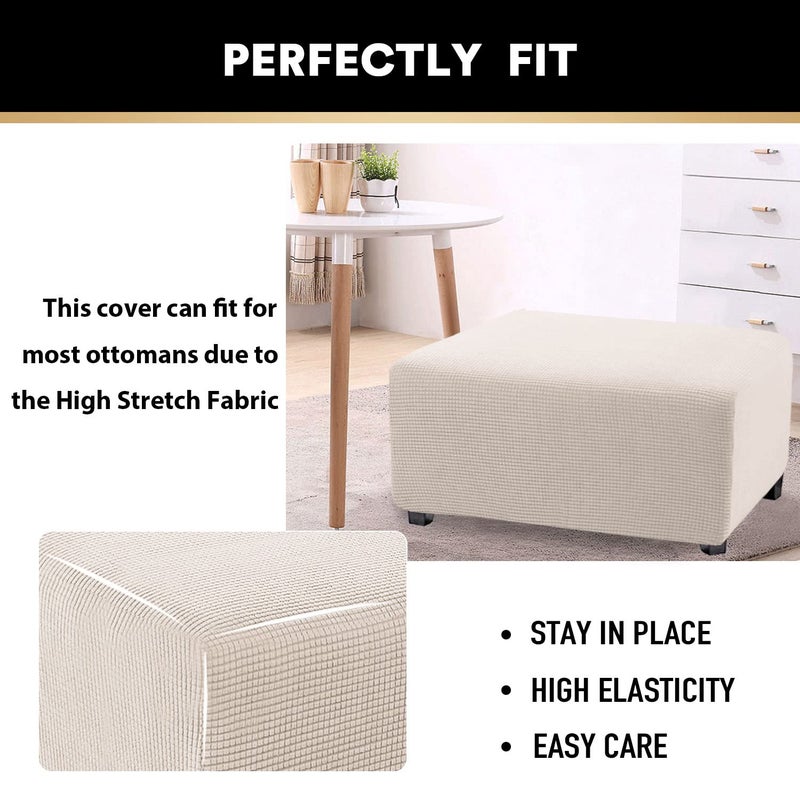 PrinceDeco Stretch Ottoman Cover Slipcovers Rectangle for Living Room Foot Stool Covers to Fit Ottoman Foot Rest, Thick Checked Jacquard Fabric with Elastic Bottom (Oversized Ottoman, Ivory) - Image 5